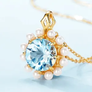 Hängen Natural Sky Blue Topaz Necklace S925 Sterling Silver 10K Gold Plated Shell Pärlor Facetterade ädelstenhängen Halsband Kvinnor