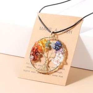 7 Chakras Tree Of Life Pendant Necklace Gold Color Wisdom Natural Crystal Chip Beads Handmade Rope Jewelry Gift