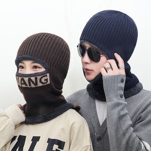Winter Wang Letter Cycling Skullies Cap Fleece-lined Cold Protect Earflaps Face Care One-Piece Woolen Knitted Hat Beanies Scarf
