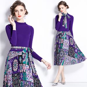 Autumn Winter Designer Purple Midi Dresss Woman Long Sleeve O-Neck Slim Knitted Patchwork Bow Lace Up Party Ruched Dresses 2023 Elegant Print Runway Vacation Frocks