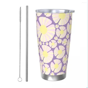 Tumblers Happy Daisy Yalıtımlı Tumbler Pipetler ile Kapak Vakum Termal Kupa Dış Mekan Taşınabilir Araba Şişesi Kupası 20oz