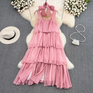 Abiti casual Abito da spiaggia elegante francese Abito da donna con volant e scollo all'americana Rosa Party Ladies A Line Loose Boho Style Layer