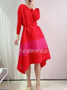 Casual Dresses Woman Pleated Dress Striped Color Block Drawstring Waist Seven Sleeve V Neck Style Wild 2023 Summer Fashion Autumn ClothCasua