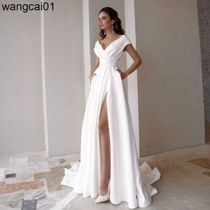 Party Dresses Modest V-Neck Civil Wedding Dress with Slit for Women Simp Cap Seve Sweep Train A Line Bridal Gown with Pockets Custom Made 0408H23