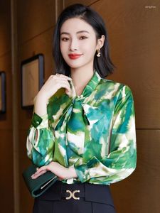 Kvinnors blusar högkvalitativa tyg koreanska kontor tryckt långärmad 2023 vår- och höstknappad arbetsskjorta