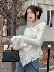 Women's Sweaters Korobov Irregular Crossing Tassel Sweater Woman Autumn Slim Flare Sleeve Knitwears Y2k Top Vintage Fashion Ropa De Mujer