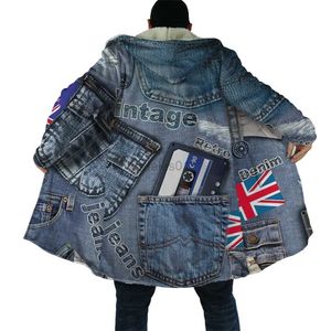 Herrjackor hx Winter Cape Fake Vintage Denim UK FLAG Pocket 3D Printed Hooded Cloak for Men Windproect Fleece Hoodie Filt Mens Coatszln231108