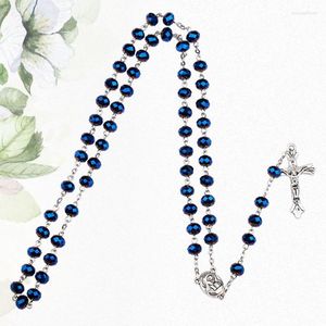 チェーンファッションロザリオラウンドビーズレッドフラワーカトリックネックレス女性ガラスビーズ十字架ネックレス宗教宝石