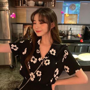 Women's Blouses Women Shirt Blouse Summer 2023 Color-Blocking Flower Suit Collar Short Sleeve Women's Clothing Blusas Mujer