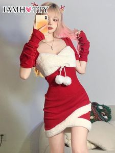 Lässige Kleider IAMTY Furball Lace-up Patchwork Kawaii Minikleid mit Handschuhen Party Abend Niedliche ästhetische Lolita Slim Robe Weihnachten