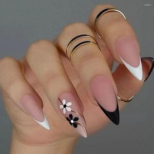 Falska naglar 24st nagel tips falska nialar diy blomma franska långa mandel svart vit kant