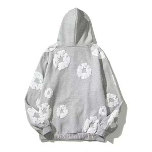 Falection Mens readymade Tears Vintage Denim Flower Puff Printed Foamed Kapok Prosted Phoodie Sweatshirt Men Top Pullover204