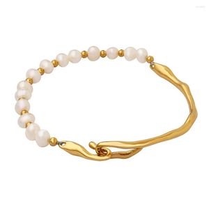 Bangle Asymmetry Pearl Bead Titanium Steel Elegant Cuff For Women 6mm Pearls Round Armband Bangles Gold Plated 17cm Party Gift