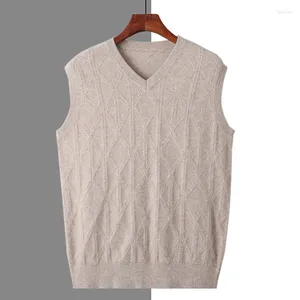 Men's Vests Pure Mink Cashmere Waistcoat V-Neck Jacquard Sleeveless Vest Casual Warm Knit Sweater Wear Base Coat Loose Jumper