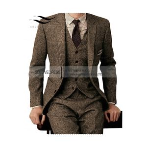 Men s Suits Blazers Brown Tweed Men 3 Pieces Formal Business Suit Set Custom Gentle Mens Groom Wedding Dress Blazer Jacket Pants Vest 230407