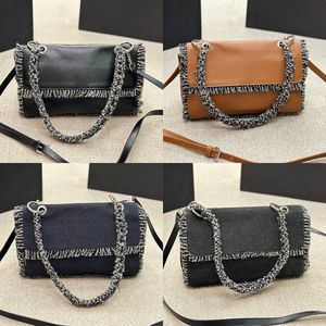 Mulheres Vintage Denim Patchwork Acolchoado Borlas Bolsa de Ombro França Marca de Luxo Tweed Forro Couro Genuíno Bolsas nas axilas Lady Designer Bolsa Crossbody 25cm