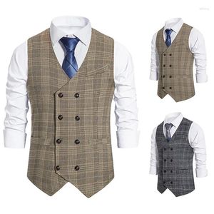 Men's Vests Plaid Double-breasted Waistcoat Suit Retro Clip Tweed Vest Gille Steampunk Women's Classic Gilet Male Man