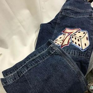 女子ジーンズストリートJNCO Y2Kヒップホップデジタル7ダイスグラフィック刺繍レトロレトロブルールーズ男性と女性ハイウエストズボン