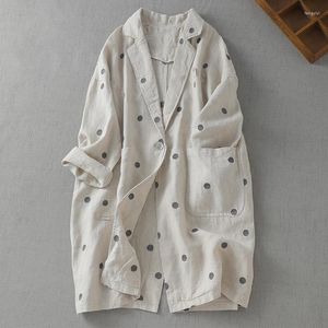 Women's Suits Medium-length Suit Women Spring And Fall Fashion Commuter Cotton Linen Polka Dot Embroidery Printing Casual Trench Coat