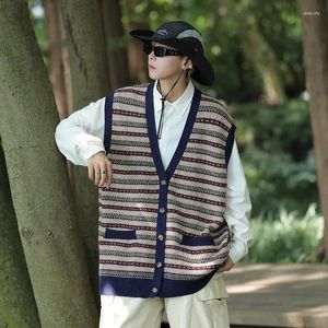 Coletes masculinos primavera e outono sem mangas de malha cardigan roupas colete contraste cor casual camisola colete casaco moda v26