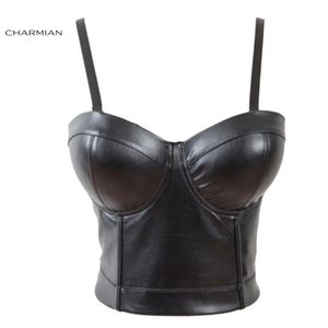 Charmian Women's Sexy Faux Leather Strap Bustier Racer Bustiers Top Leather CorsetsとBustier Gothic Pu Crop Bra Top Y19071235p