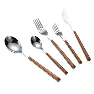 5 Pcs/set Wood Grain Stainless Steel Dinnerware Knife Fork Spoon Teaspoon Cutlery Set Tableware Flatware HY0469