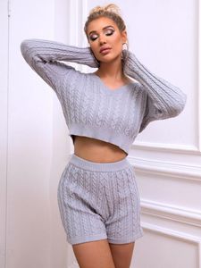 Women's Tracksuits Pofash Cable Knit Sweater & Shorts