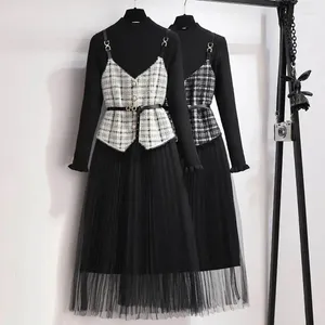 Casual Dresses Women's Autumn and Winter Swing Plaid Bird Vest Two-Piece One-Piece Dress Sydkorea Fashion Foreign Style Suspender Slim