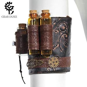 Party Supplies Medieval Retro Steampunk Carved Bracelet Women Man Halloween Cosplay Punk Style Faux Leather Arm Ring With Two Glass Bottles