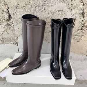 Topp Toteme Square Toe Knee Boots Flat Heel Fashion Leather Designer Knight Booties for Girl Women