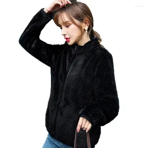 여자 모피 2023 Polar Fleece Jacket 여성 짧은 가을 산호 와일드 카디건 탑 따뜻한 스탠드 칼라 양면 코트 여성