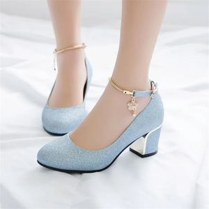 Dress Shoes PXELENA Women Wedding High Heel Shoes Silver Blue Spring Ankle Strap Crystal Shallow Chunky Block Heel Pumps Lady Plus Size 231108