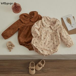 Rompers Visgogo Born Girls 'Denim Hoodie Flower Print Peter Pan Collar Bottom Snap Button Lång ärm Jumpsuit Spring and Autumn Clothing 230407