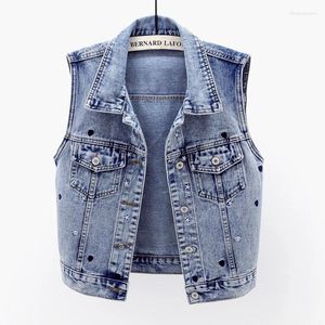 Kvinnors västar Spring Autumn Vintage Blue Denim Vest Women Waistcoat Loose Casual Short Sleeveless Jacket Pocket Brodery Jeans Female