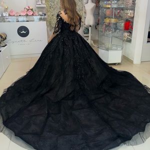 Schwarz Hight Neck Pailletten Spitze Rüschen Ballkleid Quinceanera Kleider Langarm Korsett Vestidos De 15 Jahre