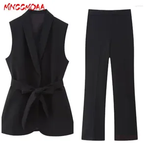 Kvinnors tvåbitar byxor mnccmoaa 2024 Kvinnor sommar svart ärmlös med bälte blazer väst kostym kvinnliga byxor set