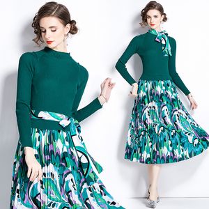 Vintage casual designer midi vestido mulher manga longa o-pescoço de malha retalhos impressão magro rendas até arco vestidos de festa 2023 outono inverno preto pista férias vestidos