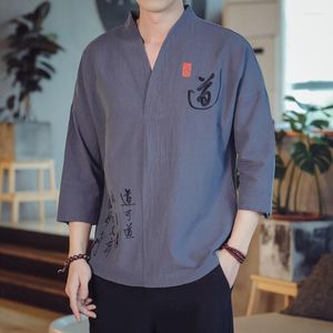 Roupas étnicas chinesas tradicionais para homens tops de linho de algodão de verão camisa de manga meia roupa masculina hanfu tang terno