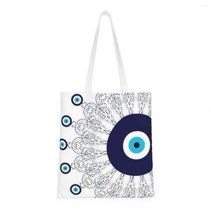 Shoppingväskor Kawaii-tryck Marinblå Vit Medelhavet Evil Eye Tote Bag Tvättbar Canvas Shopper Shoulder Bohemian Boho Handväska