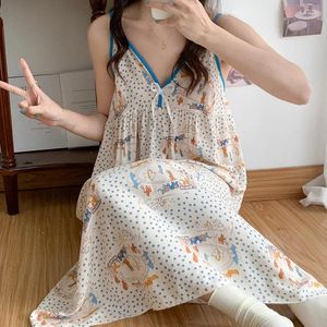 Kvinnors sömnkläder sexig nattklänning Elegant kvinnor underkläder Sling Cotton Silk Nightdress Fashion Flower Printed Pyjama Summer Dress for Lady
