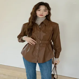 Women's Leather Qifan Autumn British Style Vintage Belt Pu Mid-Length Temperatre Slimming Coat 81719