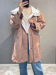 Women's Trench Coats Autumn 2023 Solid Color Mid-Length Coat Jacket Beaded Loose Hooded Zipper Female Casual Windbreaker