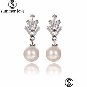 Stud New Brand Sier/Gold/Rose Gold Cubic Zircon Bridal Engagement Pearl Pendant CZ Earrings for Women Wedding Jewelry Giftz Dr Dhmup