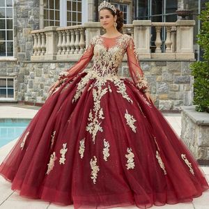 Puffy See Throug Long Sleeve Quinceanera Dresses Bead Ball Gown Teen Girls Birthday Gowns Lace Appliques Glitter Vestido De 15 Anos 326 326