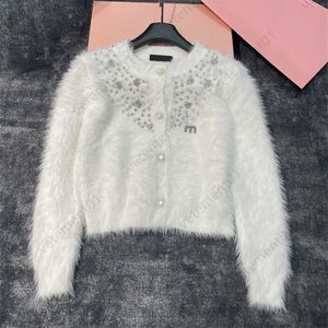 Designer-Cardigan, Mohair-Pullover, Damen-Pullover, strapazierfähig, mit Strassverzierung, modischer, klassischer, langärmliger Plüsch-Pullover-Mantel mit Rundhalsausschnitt