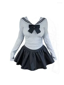 Vestidos de trabalho estilo preppy roupas de moda japonesa 2 peças conjunto gyaru gola de marinheiro arco colheita superior cintura elástica saia plissada outono inverno