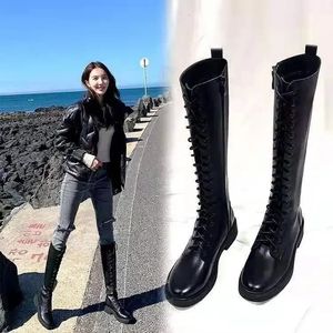 Boots Women Combat Boots Antumn Female High Platform Gothic Shoes Black Leather Boots Lace Up Women Knee High Boots 231108