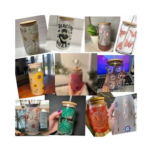 نقل الأشعة فوق البنفسجية DTF لـ Libbey Can Can Glass Coffe Cups Wrap 16oz Transfer Transfer Transfer Custom ملصق ملصق ملصق كرتون Make Up Feel 1000 لاختيار الجملة بالجملة