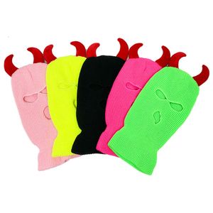 Cow Horn Knitted Hat Warm Wool Outdoor Ski Cover Open Eye Mask Funny Little Devil Head Fashion QLWH