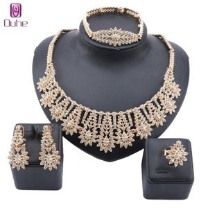 Dubai Gold Color Crystal Saudi Jewelry Sets Nigerian Wedding Necklace Jewellry Set Whole Bracelet Earring Ring Set288E